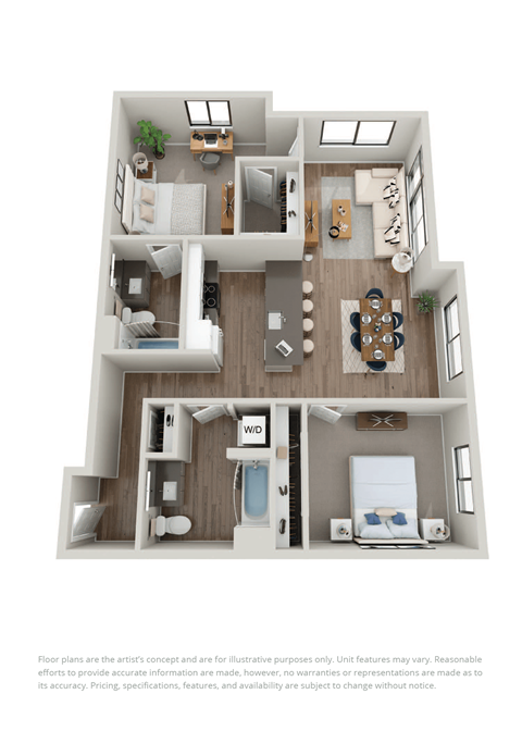 a 3d floor plan of a apartment with a bedroom and living room
